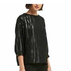 DKNY Top Blouse Black Liquid Metallic Print Sz L NWT
